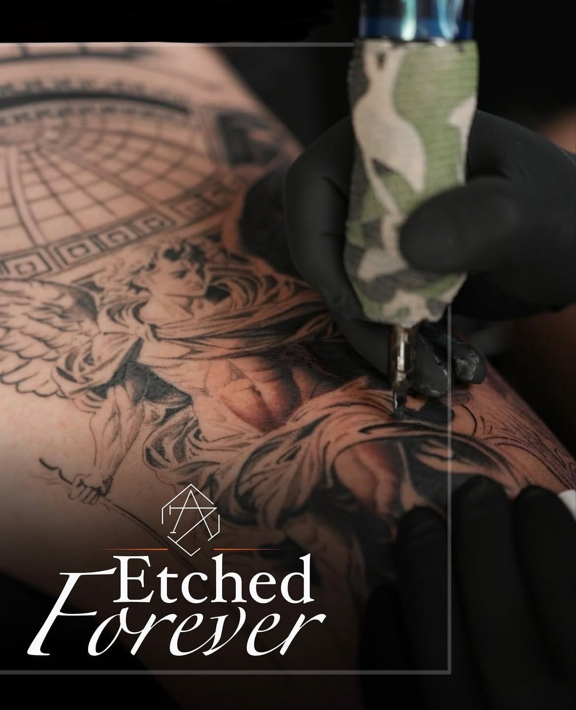 Colour forearm tattoo of a serene face framed by a lotus flower.
